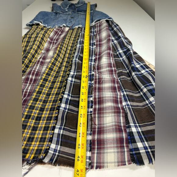 Free People Midi Dress Medium One Of A Kind Denim Mixtape Vest Plaid Front Slit - Picture 6 of 8